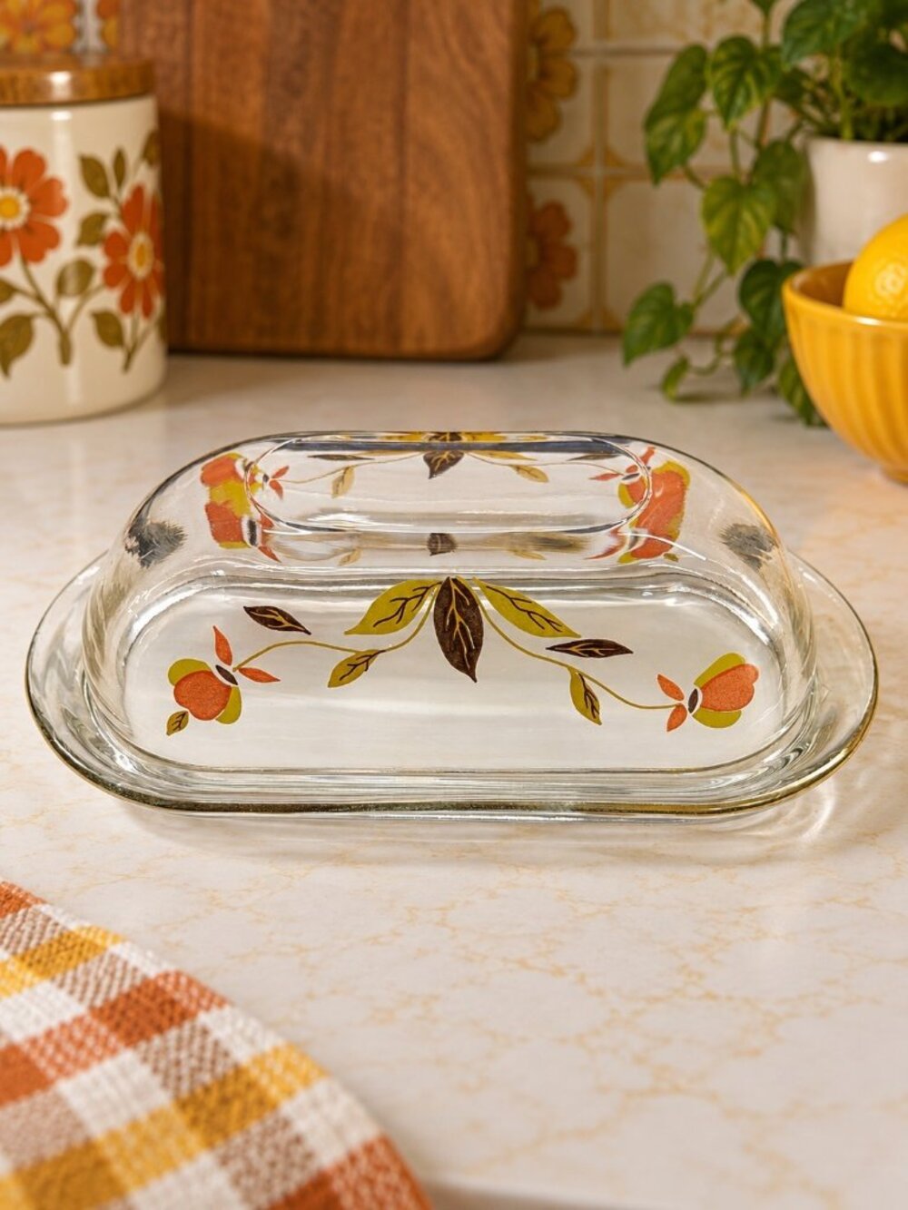 Hall Jewel Tea Autumn Leaf Glass Covered Butter Dish MCM - Picture 1 of 9